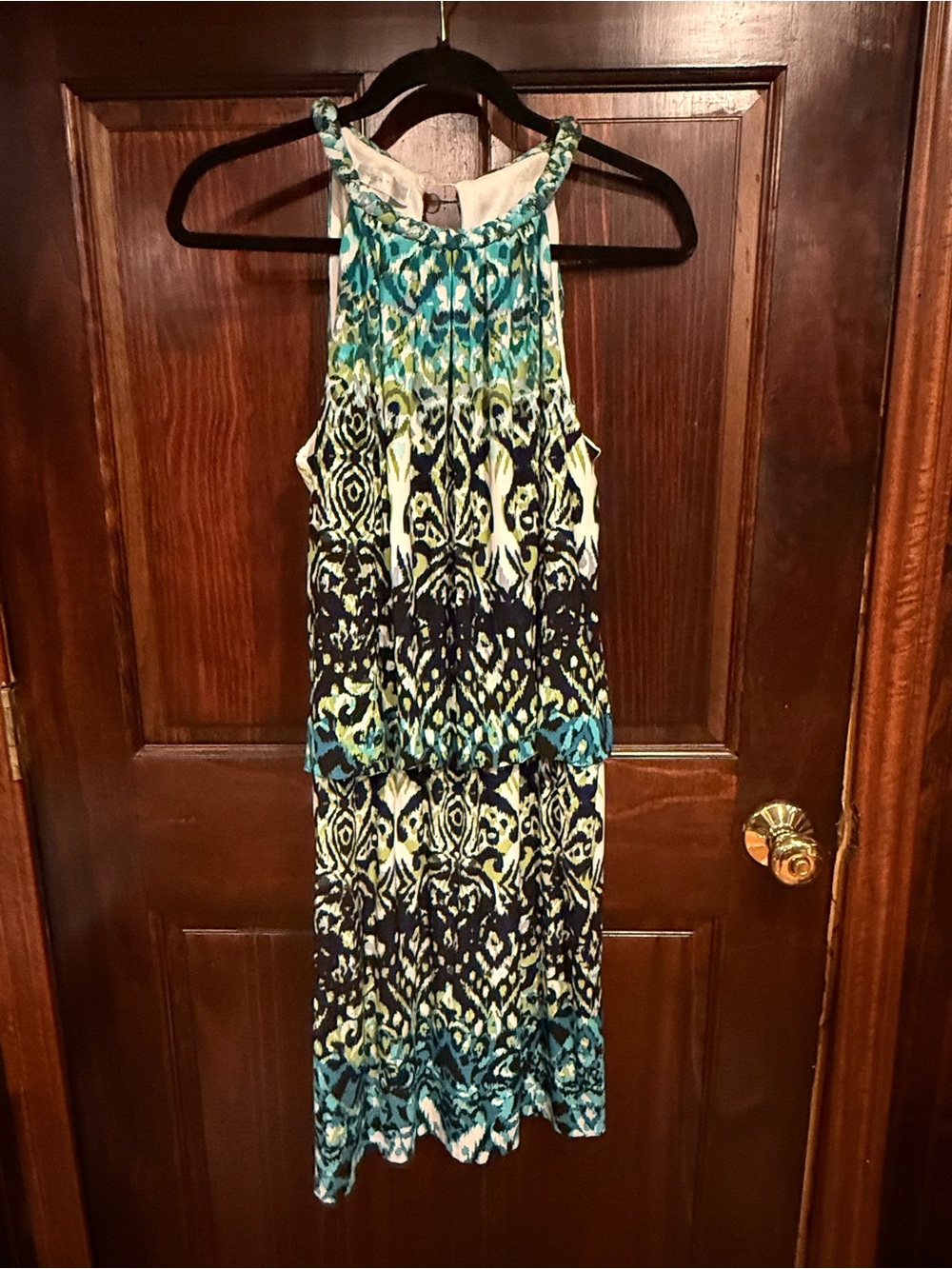 London Times Teal, Navy & Cream Printed Mini Halter Dress